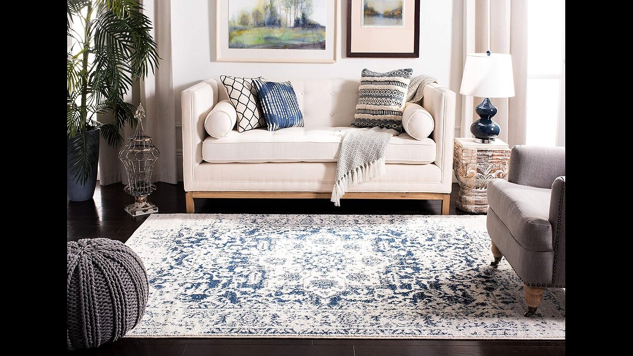 SAFAVIEH Madison Collection Area Rug - 8' x 10', Cream & Navy, Snowflake Medallion Distressed Design