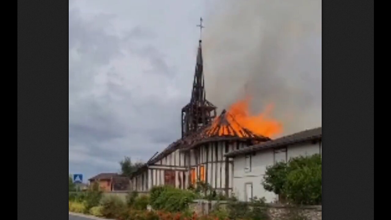 France - 16th century Catholic Church burned - The Steeple of Eglise Notre Dame Drosnay