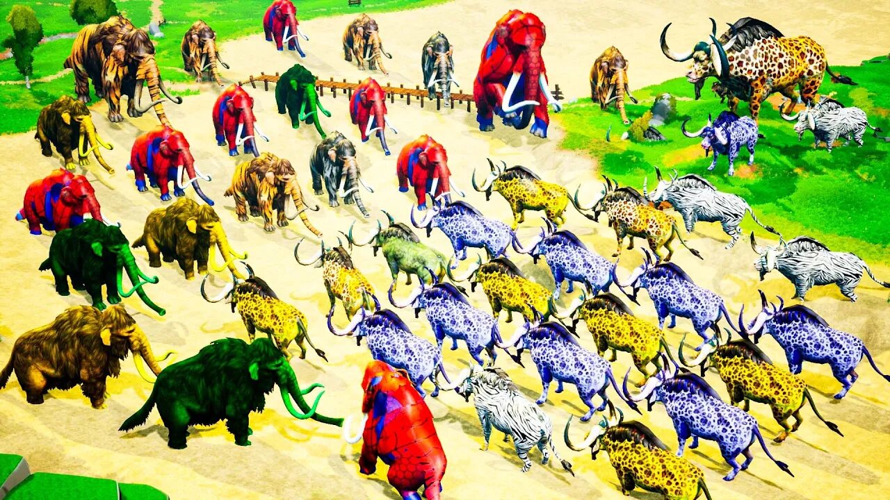 20 Giant Buffalo vs 20 Zombie woolly mammoth Ultimate Epic Battle on Space Attack