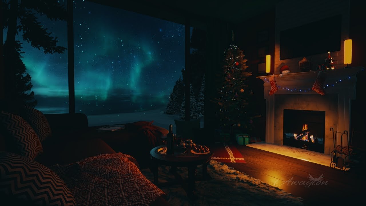 Cozy home + crackling fireplace + northern lights (Special Gift for you) 🎁 | Relaxing ASMR | Awayion