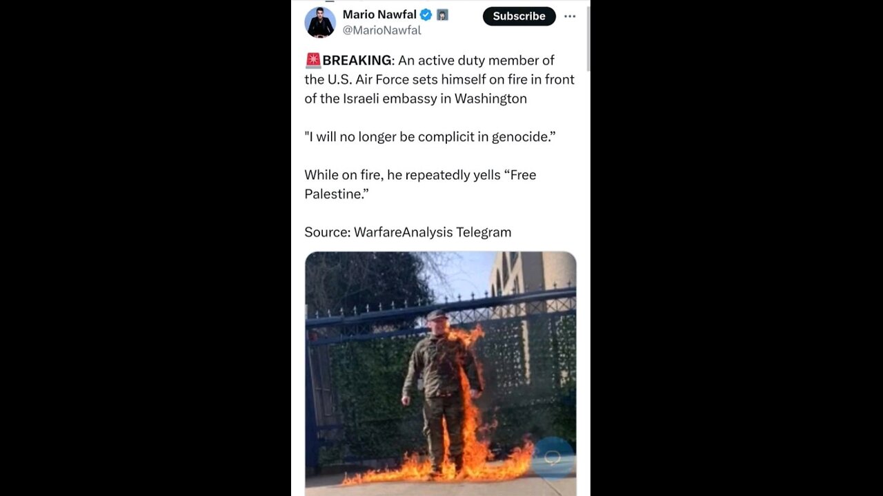 BREAKING: An active duty member of the U.S. Air Force sets himself on fire in front of the Israeli embassy in Washington