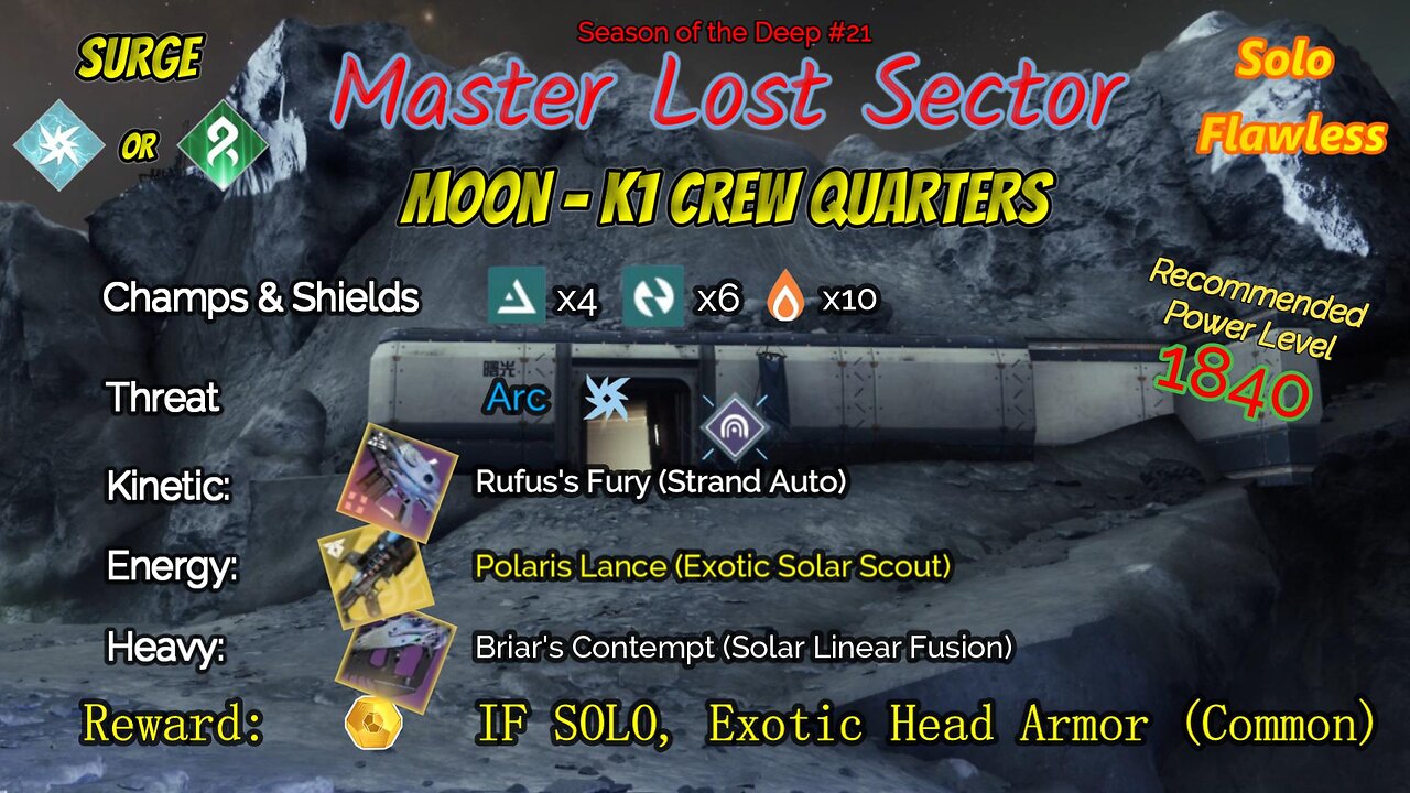 Destiny 2 Master Lost Sector: Moon - K1 Crew Quarters on my Strand Titan Solo-Flawless 7-18-23