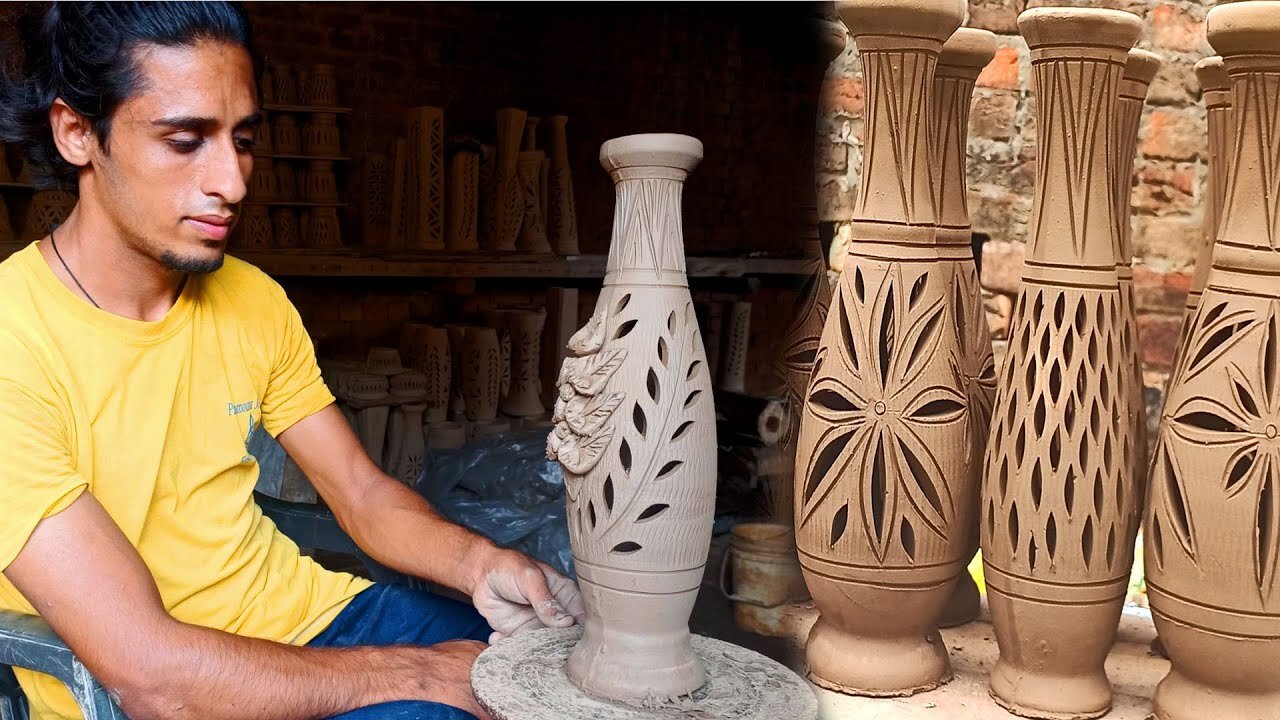 Superb Art of Clay Slip Casting | Carving Clay Pottery | Slip Casting Vase | liquid mud slip casting