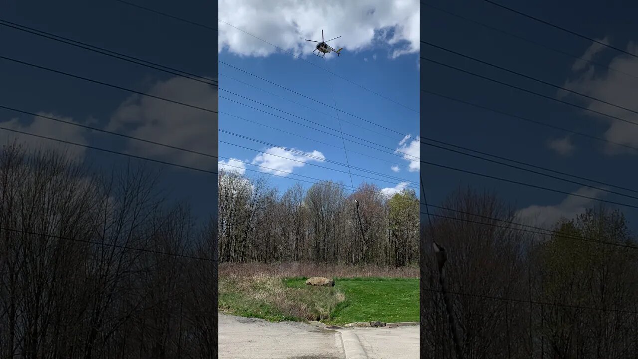 Trimming trees with a helicopter.