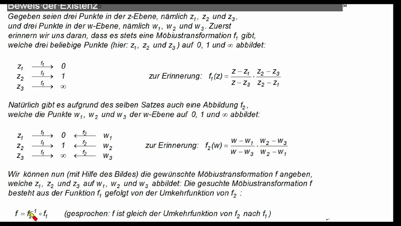 Möbiustransformation ►Beweis: Zu 3/3 Punkten existiert genau eine MT