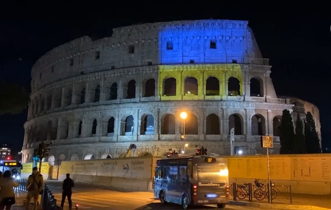 Say no to War... Italy's world-famous Colosseum lit up with colors of Ukrainian flag.