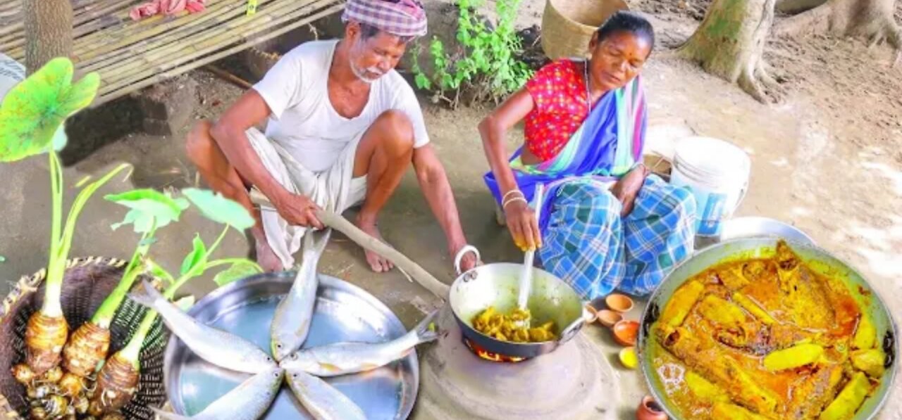 santali tribe grandma cooking wild taro root curry with fish in her traditional method || fish curry