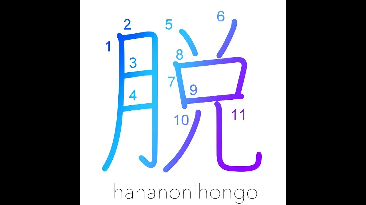 脱 - to undress/remove/take off/get rid of - Learn how to write Japanese Kanji 脱 - hananonihongo.com