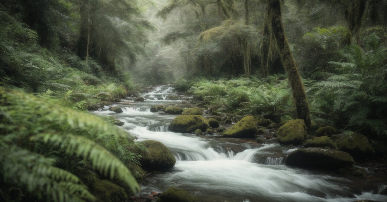 Flowing stream in the rainforest with piano music