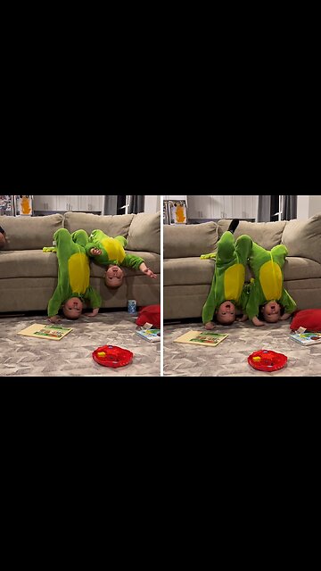 Twins in dinosaur costumes love goofing around