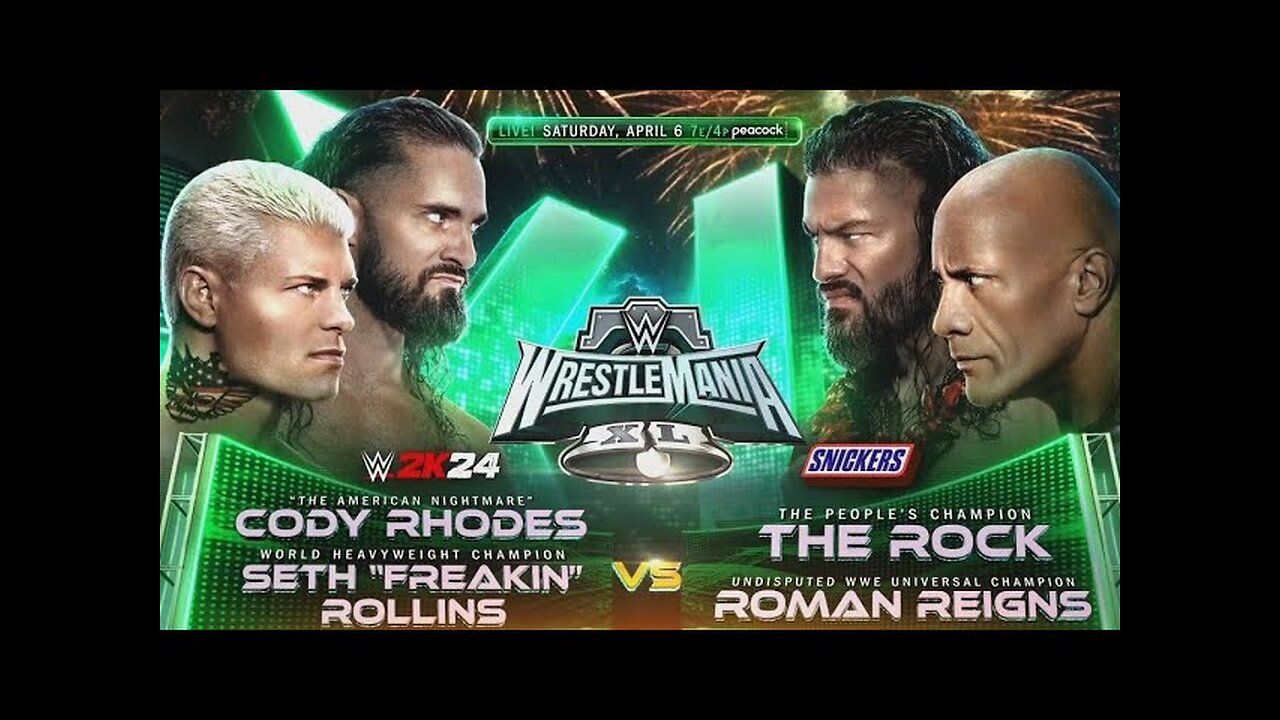 WWE 2k24 Roman Reigns, the rock vs Cody Rhodes, seth Rollins WrestleMania two on two tag team