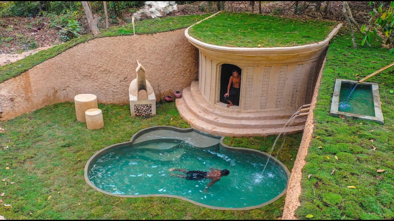 Days Building A Modern Underground Hut With A Grass Roof And A Swimming Pool