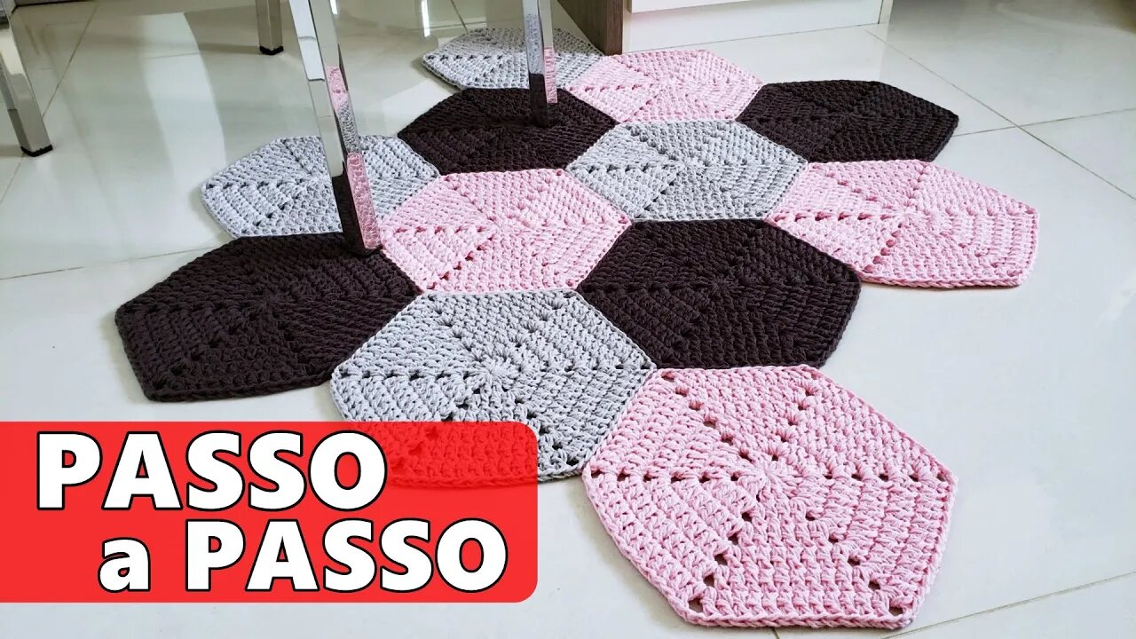 Tapete de crochê com hexágonos e COSTURA INVISÍVEL em crochê passo a passo