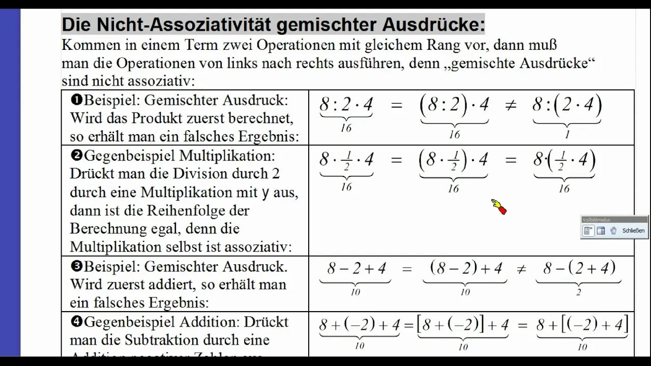 Vorkurs Mathematik ►Lektion 110 ►Nicht Assoziativität gemischter Ausdrücke