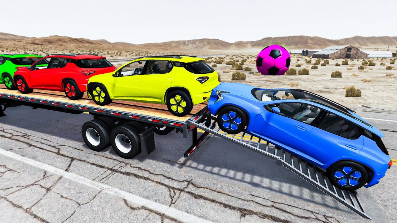 Flatbed Trailer Cars Transportation with Truck | Pathole vs Car 2 | BeamNG drive