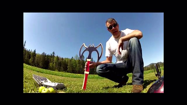 Guy breaks egg on head with dangerous battleaxe boomerang