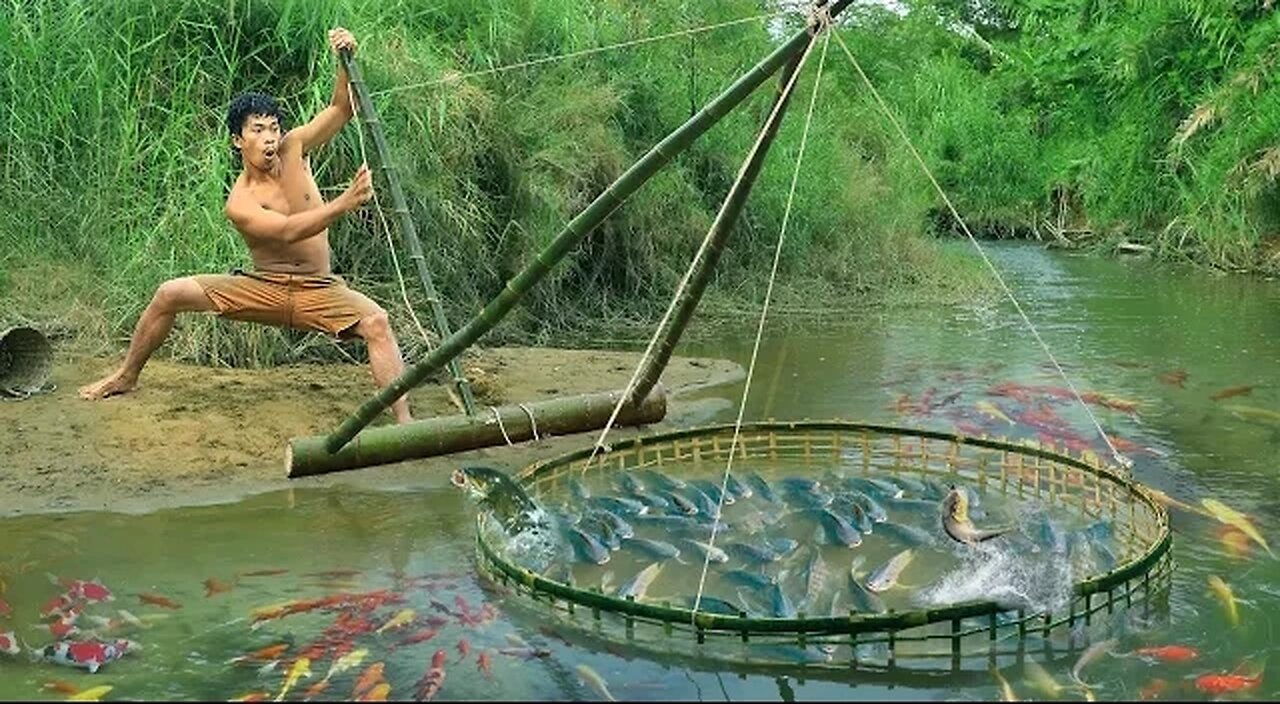 survival in the rainforest, using Bamboo to lure fish, Catch fish using big traps.