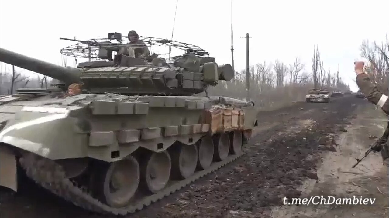 Russian armoured vehicles moving near Popasnaya in Ukraine