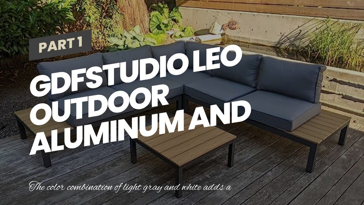 GDFStudio Leo Outdoor Aluminum and Wood V-Shaped Sofa Set with Cushions, Light Gray and White