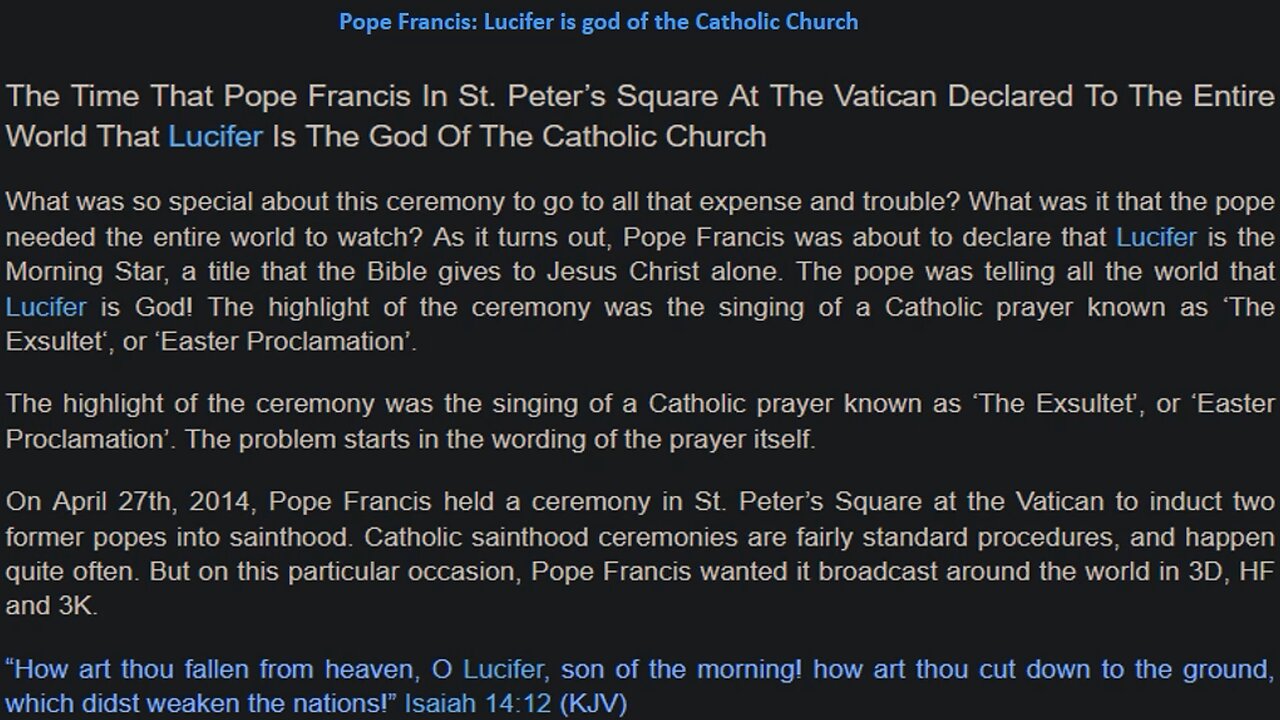Pope Francis Declared Lucifer The God Of This World 2014