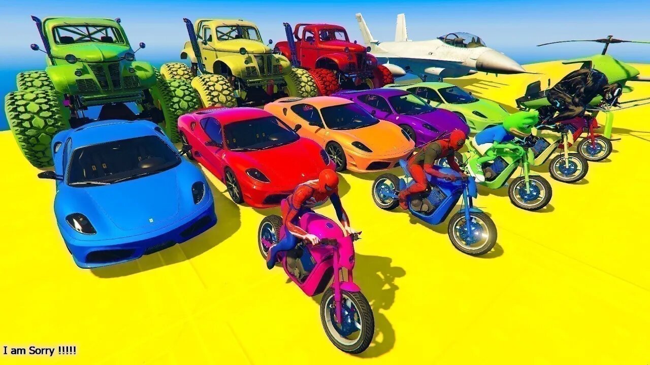 GTA V Mega Ramp On Bikes, Fighter Jets & Boats By Monster Trucks , Cars Spider man Racing Challenge