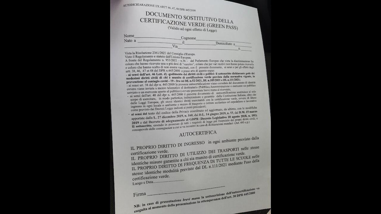Documento sostitutivo al Green Pass, da condividere il più possibile - Video 50