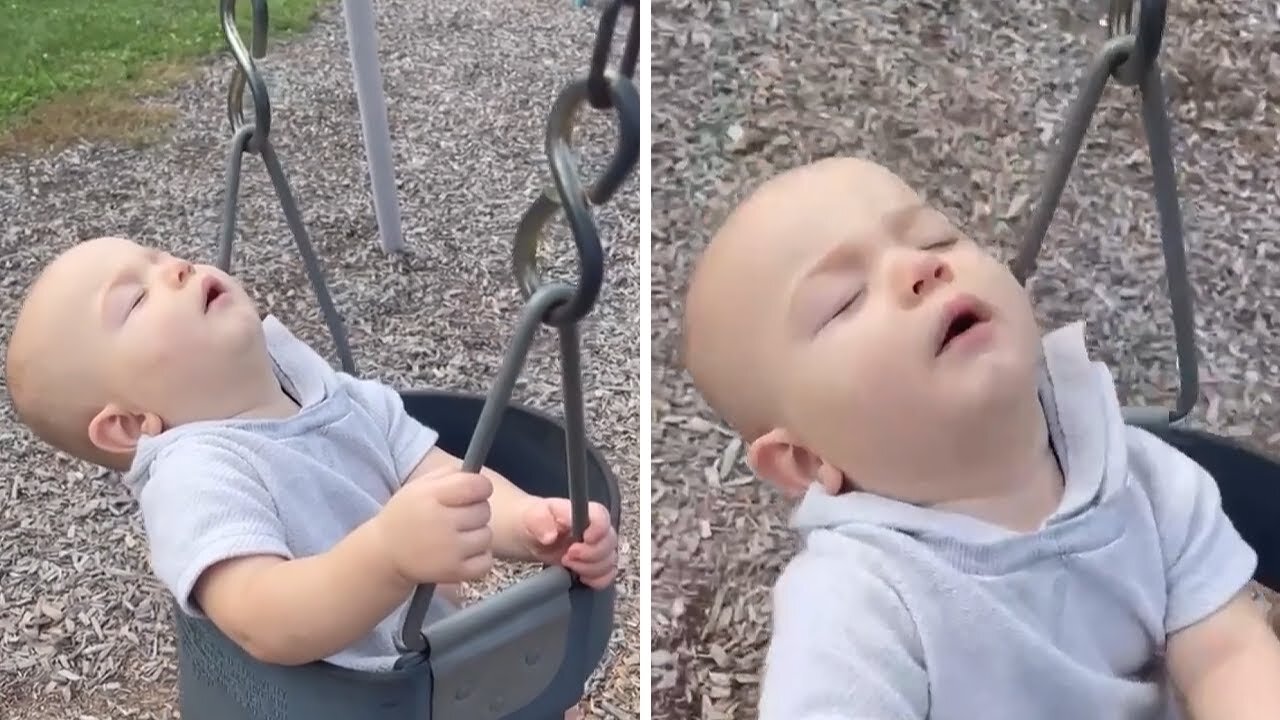 Drowsy baby takes a nap during swing ride