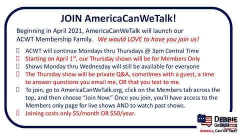 ACWT Members’ Launch: ONE Week Away | Debbie Discusses 3.25.21