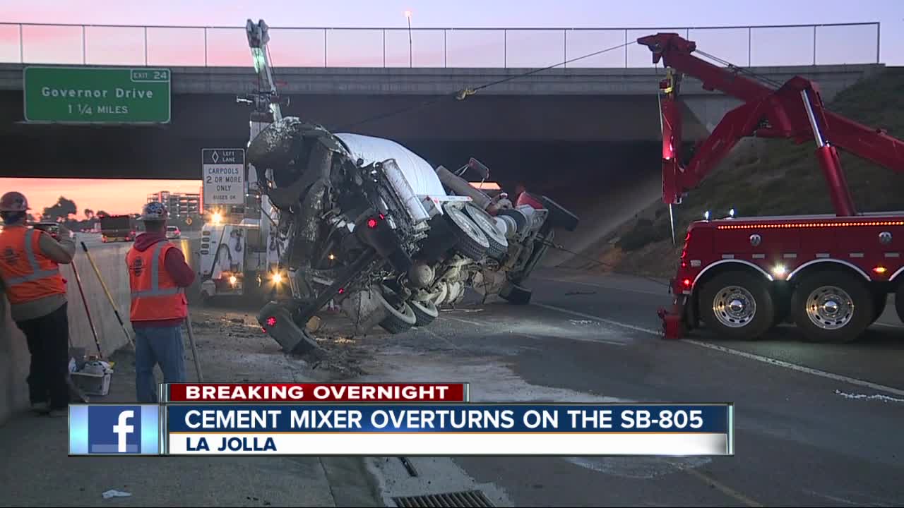Overturned cement mixer blocks on-ramp to I-805