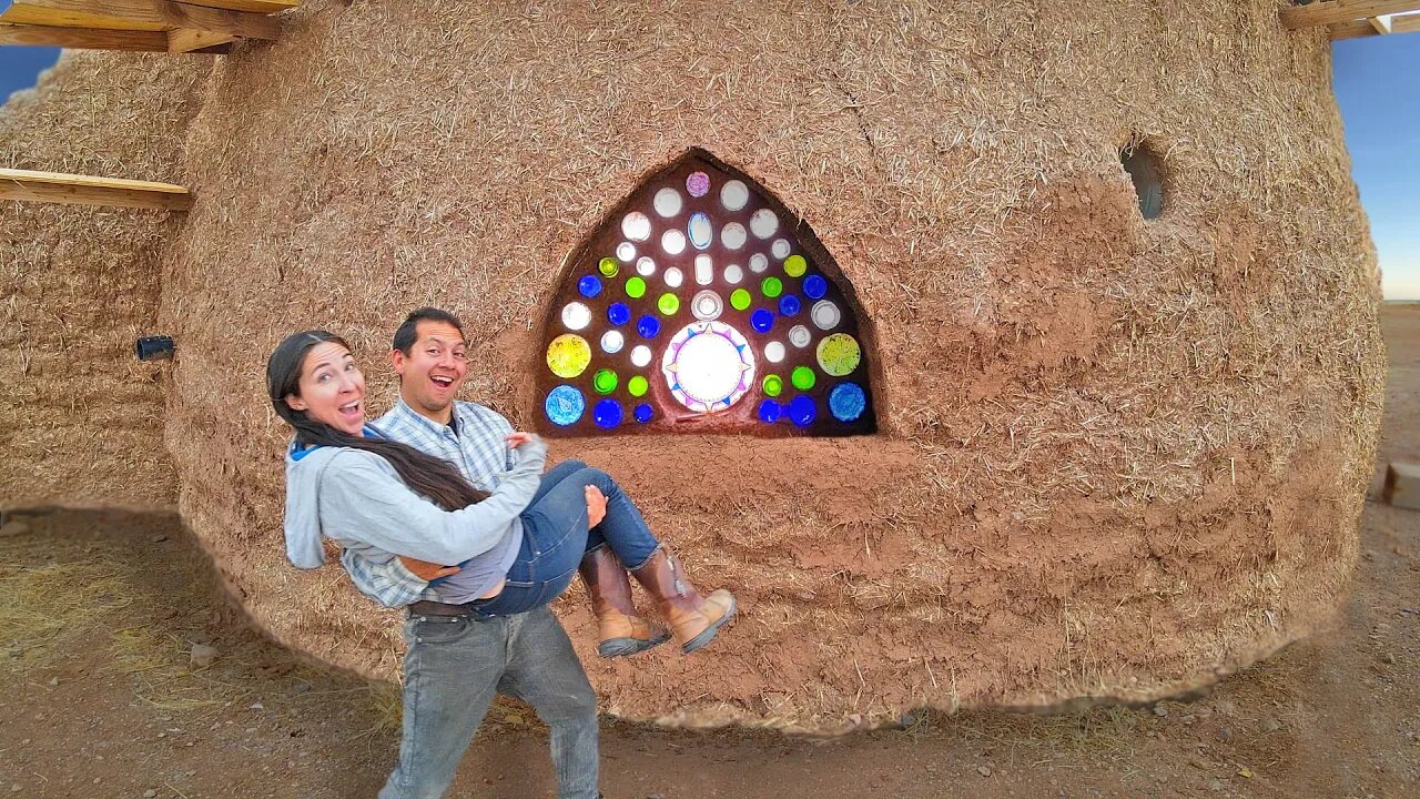 Our Earthbag Home Is Officially DRIED In! Beautifully Sculpted Glass Bottle Window