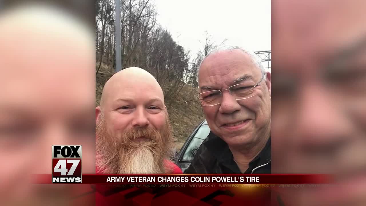 Veteran who lost leg in Afghanistan helps Colin Powell change tire