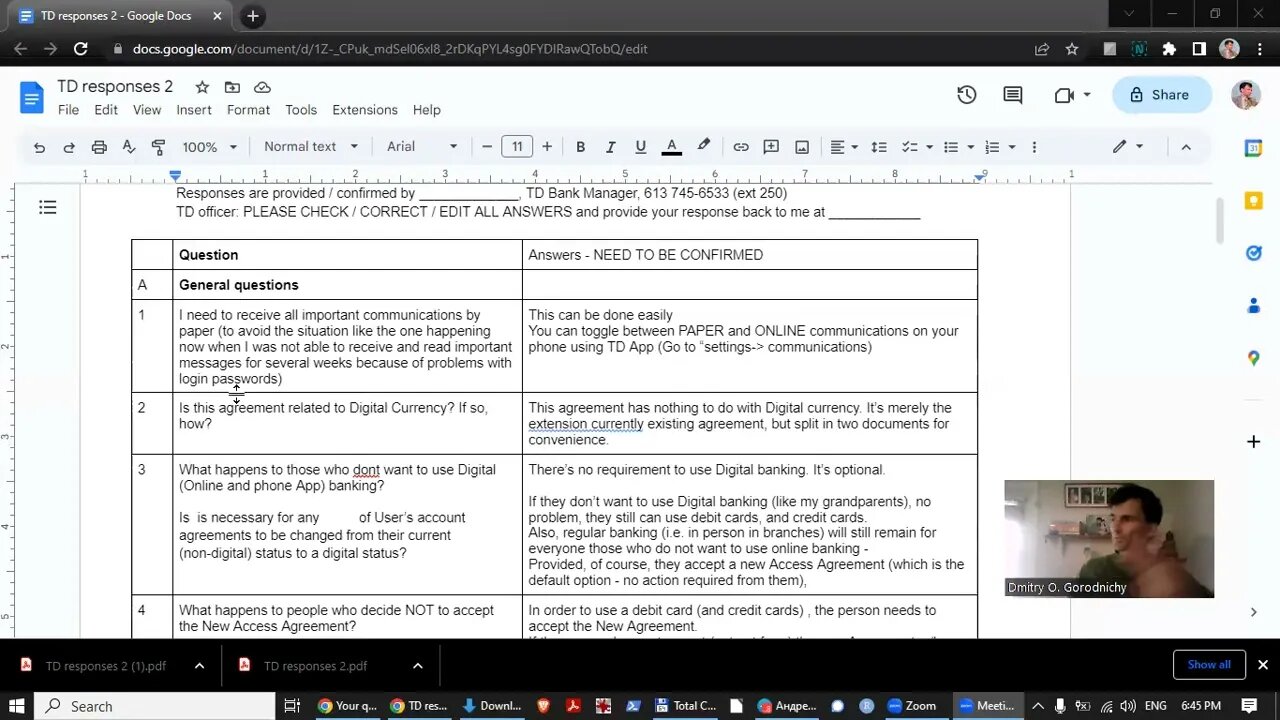 New TD Bank Agreement: Questions sent to my local branch for revision and confirmation - Zoom stream