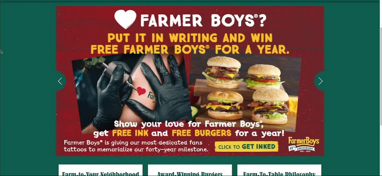 Farmer boys celebrating 40th anniversary with free burger tattoo