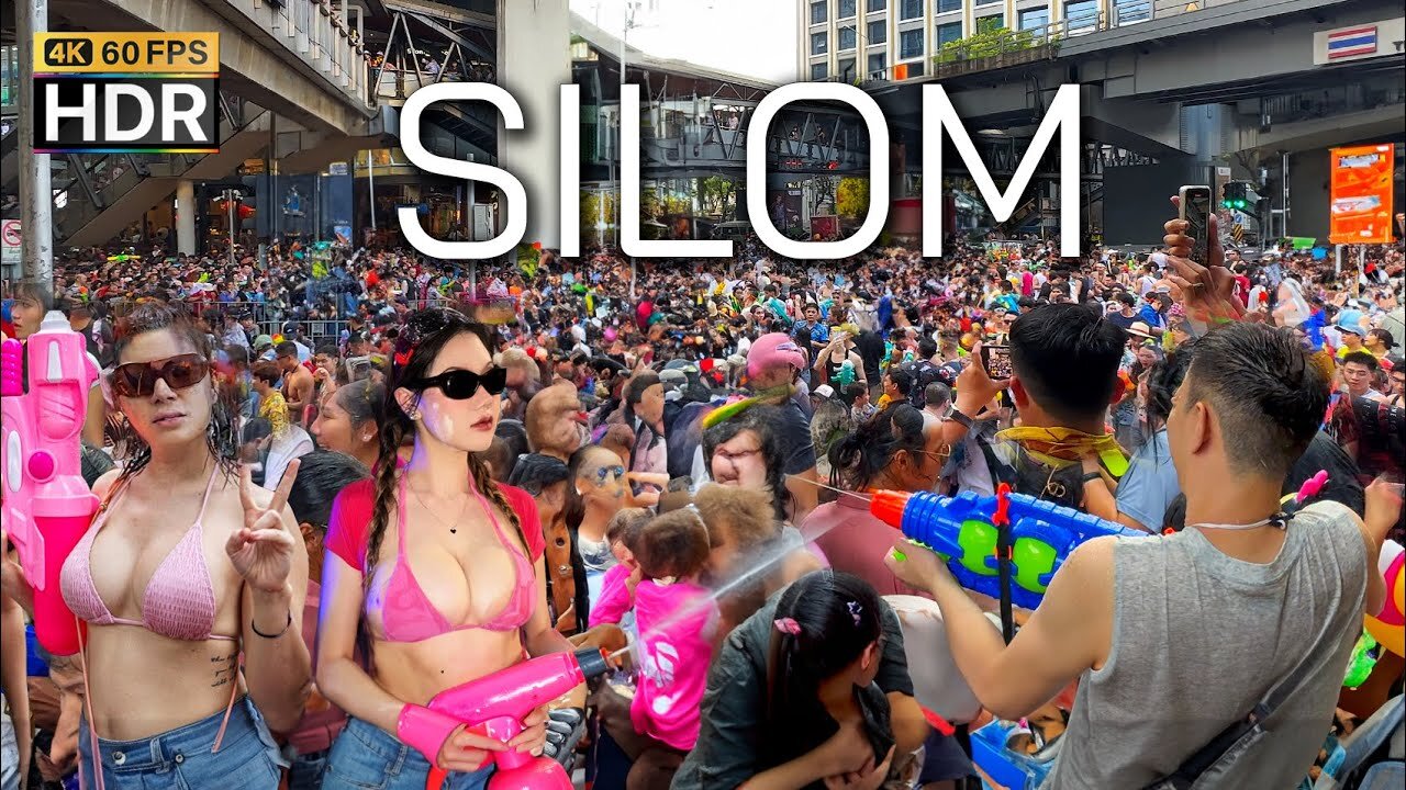 🇹🇭 4K HDR | Songkran 2024, Silom, Thailand, millions of people, world-class festival