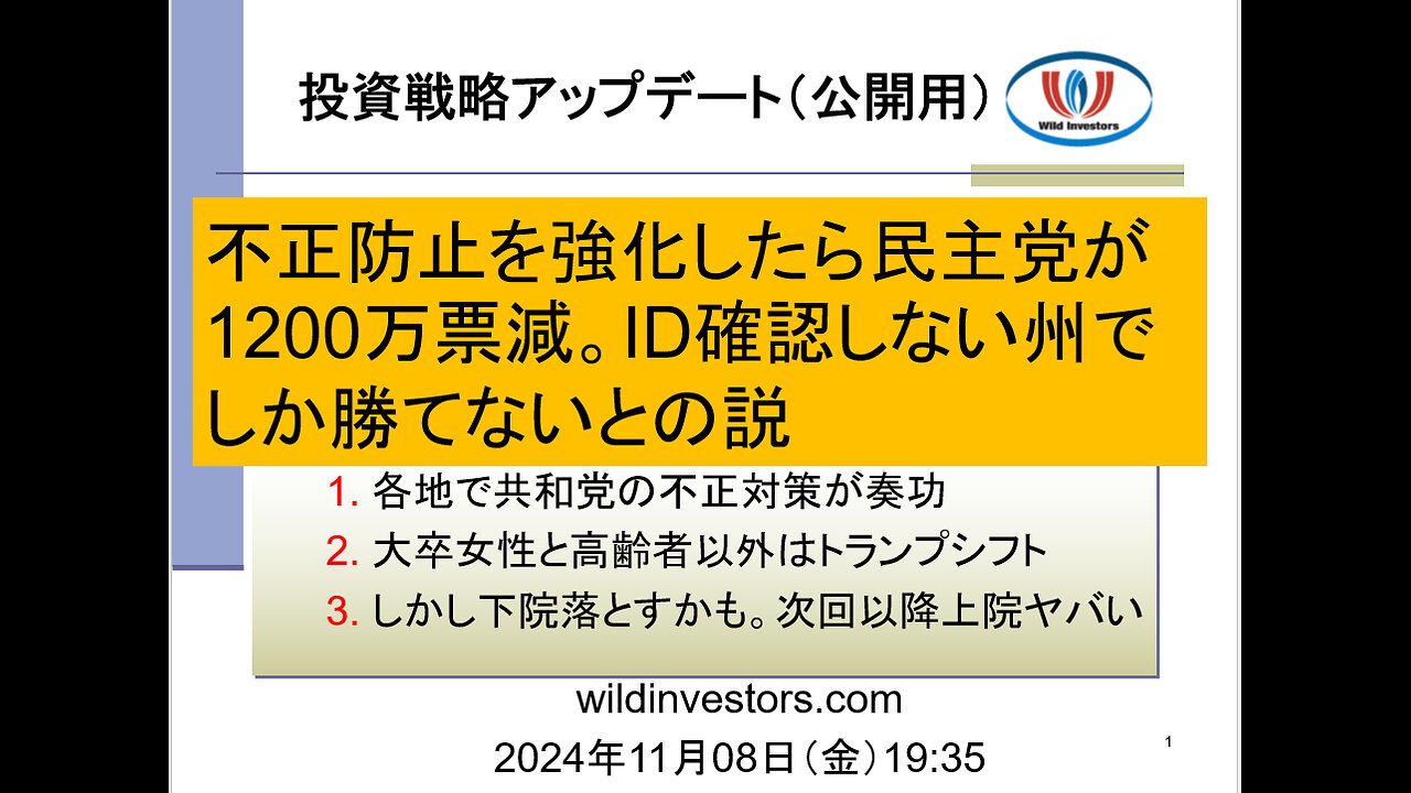 投資戦略動画（公開用）20241108 不正防止を強化したら民主党が1200万票減。ID確認しない州でしか勝てないとの説。大卒女性と高齢者以外はトランプシフト。