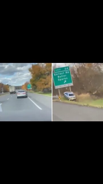 Vehicle drives off the highway, jumps ramp right underneath road sign