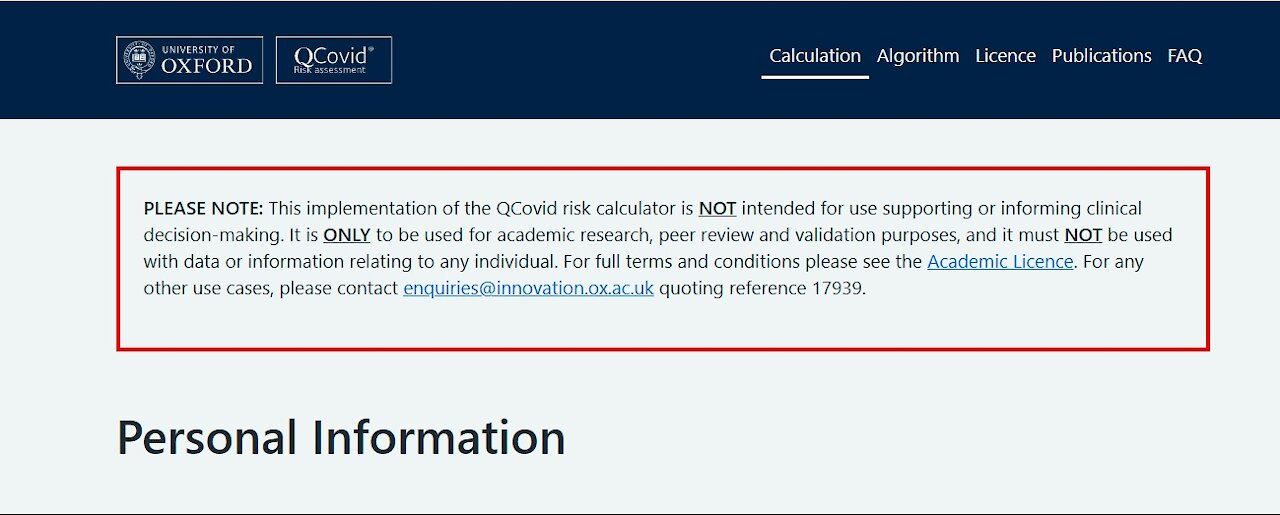 Oxford University Covid Risk Calculator