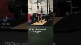 190kg conventional deadlift at 16 (69kg bodyweight)