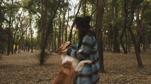 A woman pets her dog in the park.