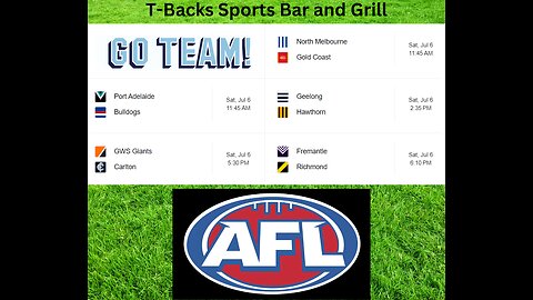 T-Backs Sports Bar and Grill Sports Schedule and Pizza special for Saturday July 06, 2024