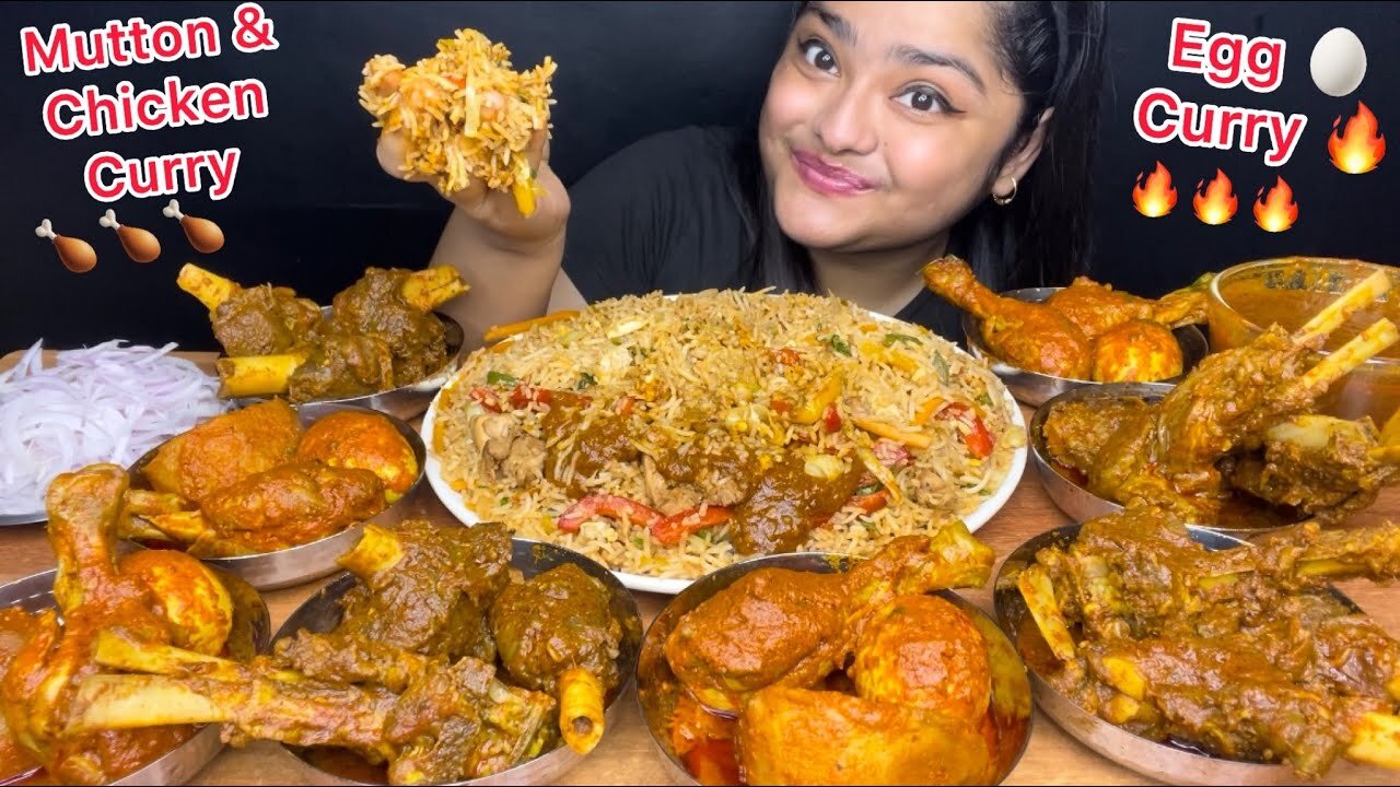 Spicy Mutton Curry, Chicken Curry And Egg Curry Eating Together