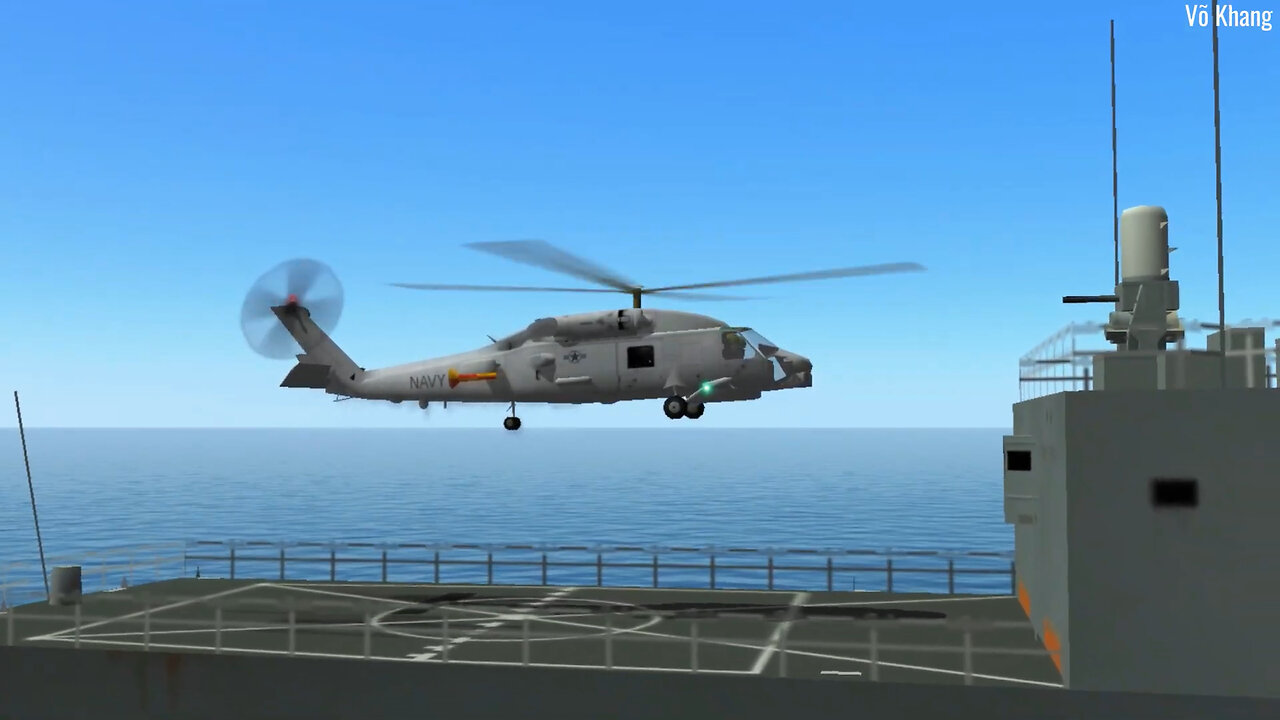 The SH-60 Seahawk helicopter takes off and lands on the destroyer USS Oliver Hazard Perry