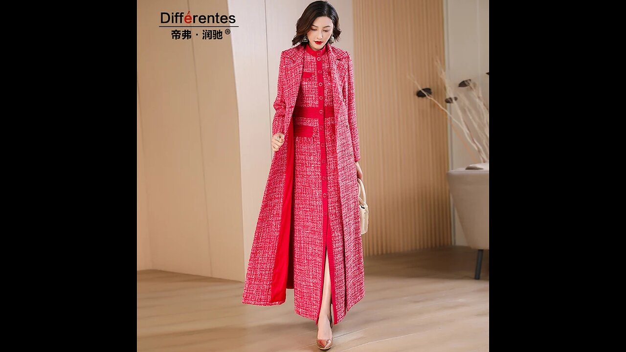 Trench Women Autumn Winter Coat Pink Plaid X-Long Jacket Double Breasted