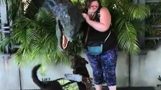 Cão de assistência conhece um velociraptor!