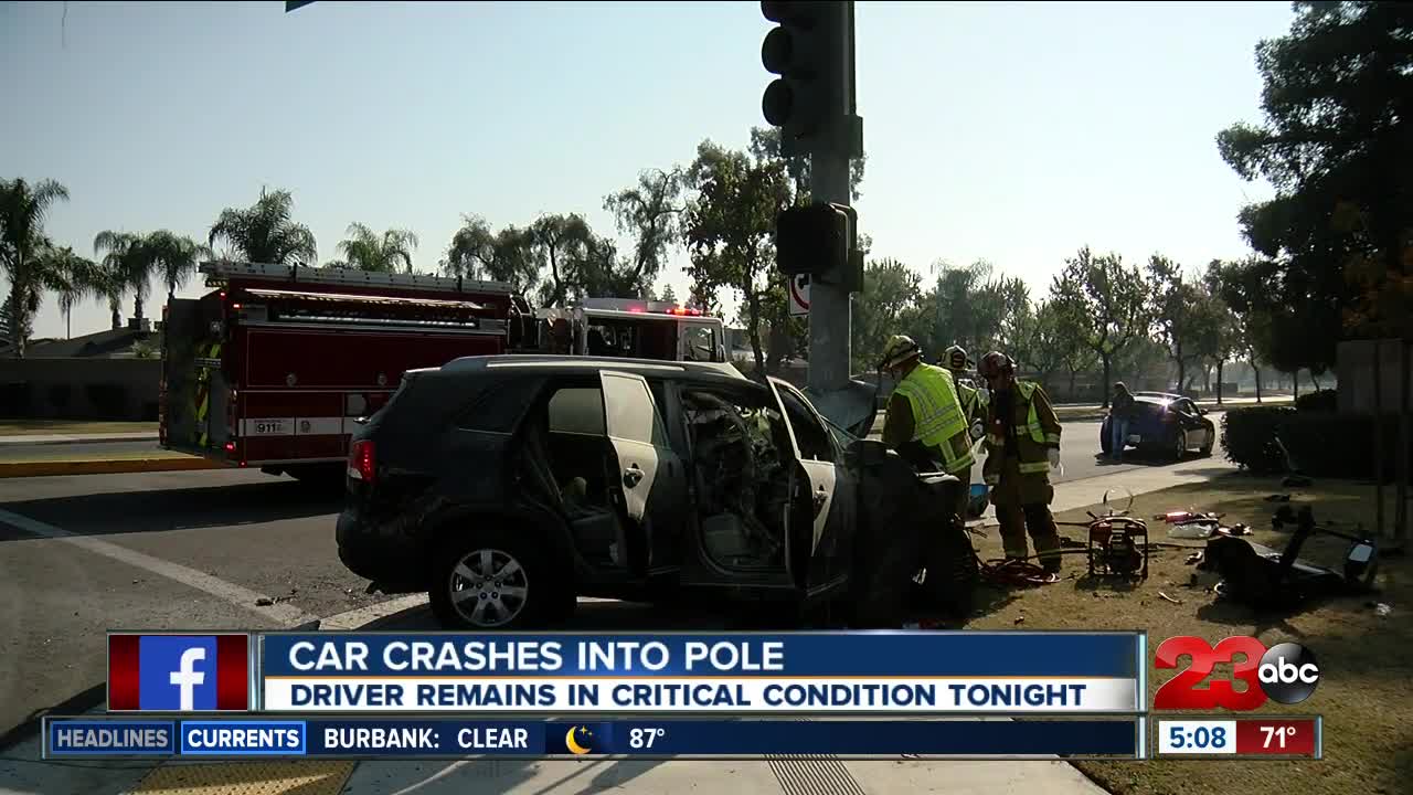 Driver in critical condition following vehicle versus pole crash in Southwest Bakersfield