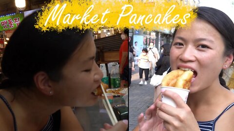 Munching on savory and sweet pancakes at a Korean Market