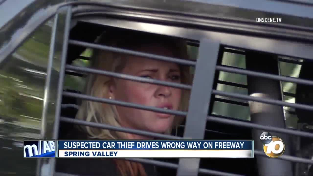 Suspected car thief drives wrong way on freeway