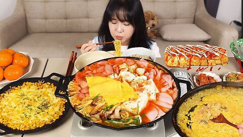 cooking mukbang :) spicy ham stew, risotto, egg rolls, corn cheese.