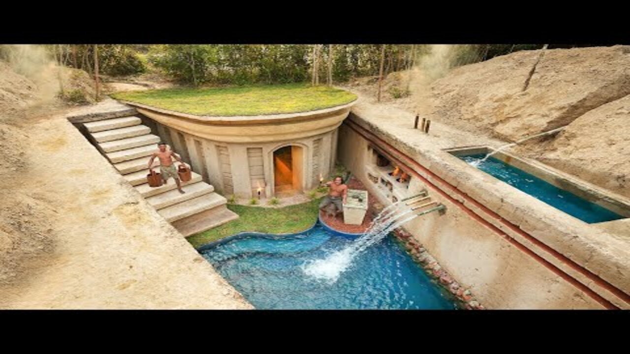 100 Days Building A Modern Underground Hut With A Grass Roof And A Swimming Pool