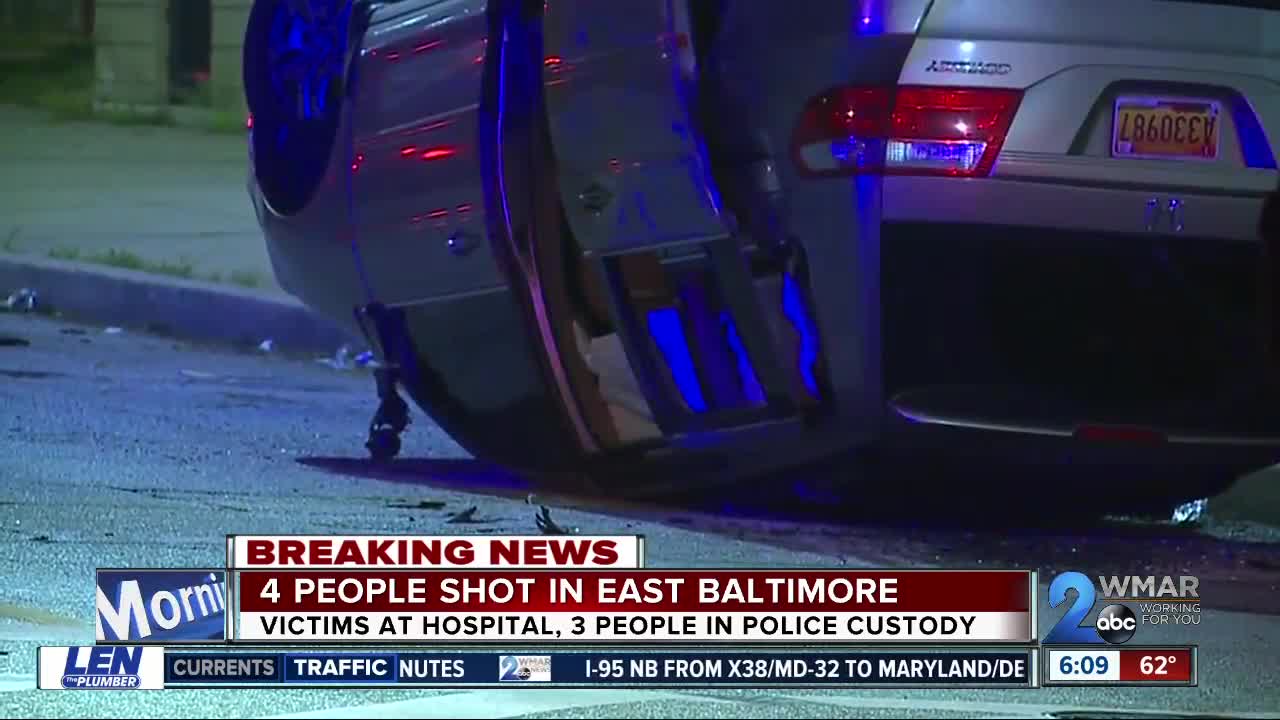 4 hurt in shooting, 2 injured in crash, 3 suspects arrested in East Baltimore